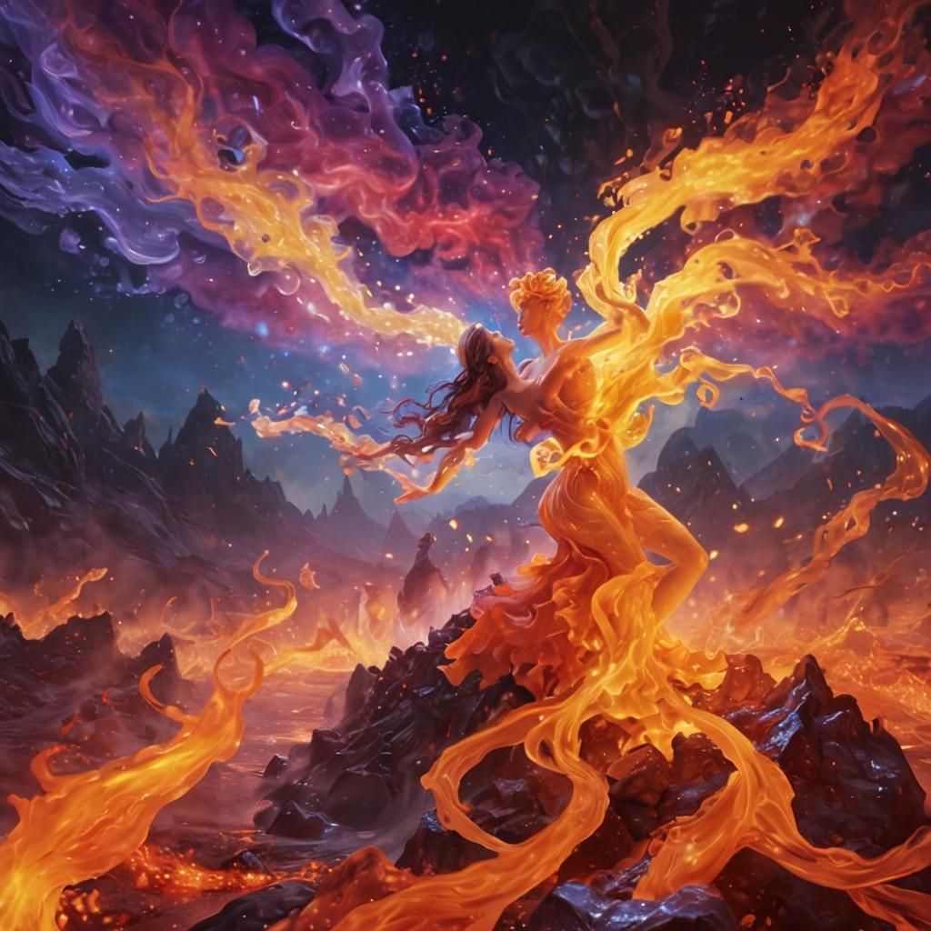 Fiery Elemental Dancers in a Crystalline Lava World