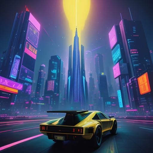 Retrofuturistic Cityscape in Warm Golden Lighting