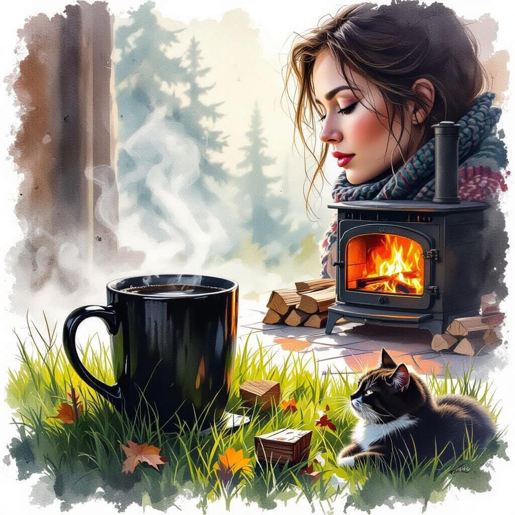 Cozy Room with Coffee Mug on Soot-Stained Grass