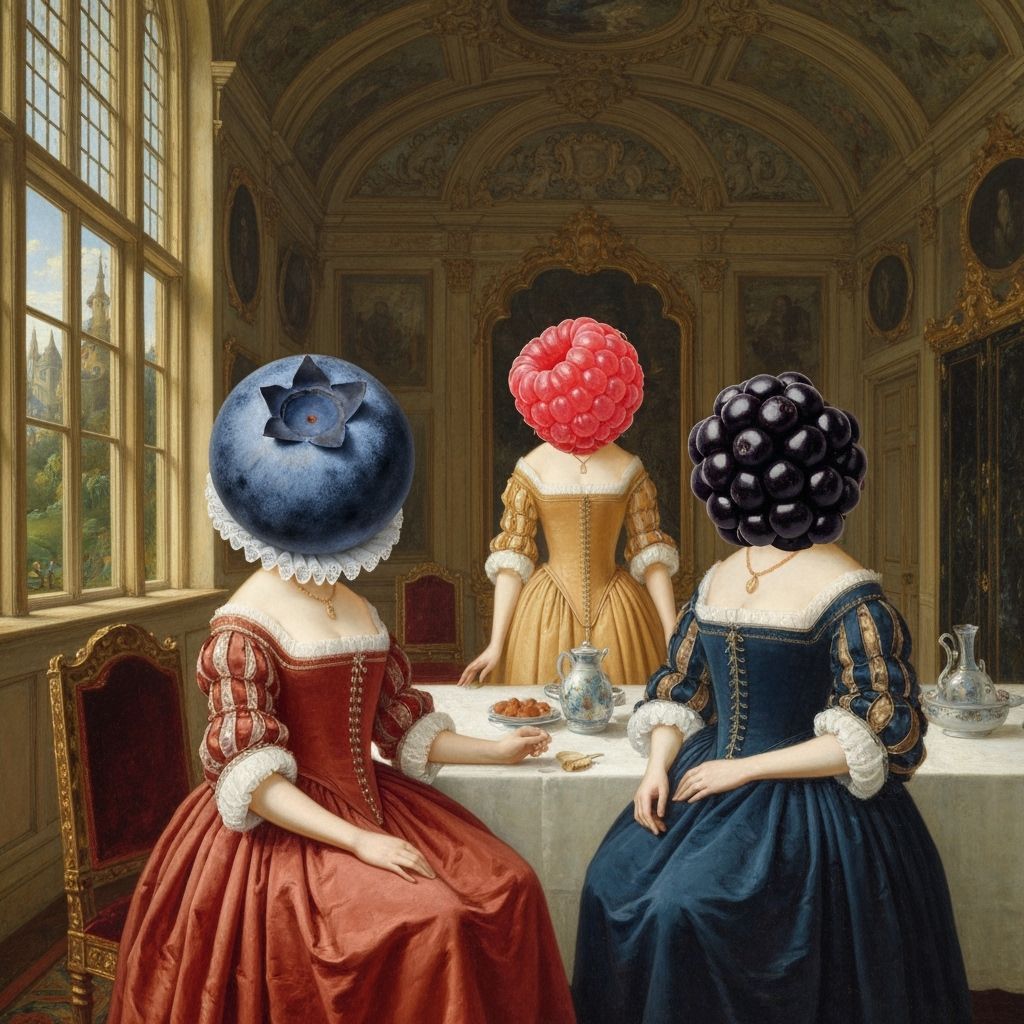 Surreal Berry Women in Tudor Dresses, Oil Painting