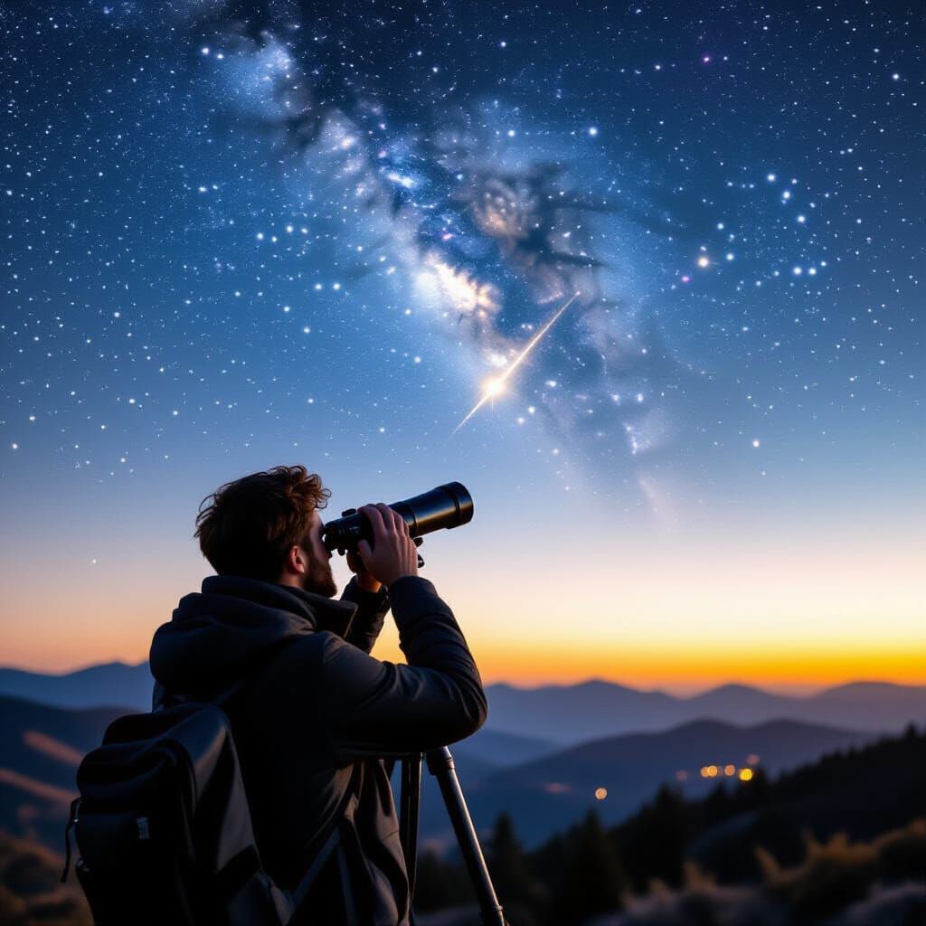Man with Telescope Views Shooting Star at Golden Hour