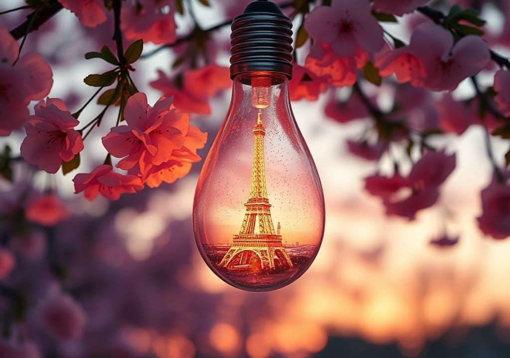 Paris in Light Bulb on Cherry Blossom Tree