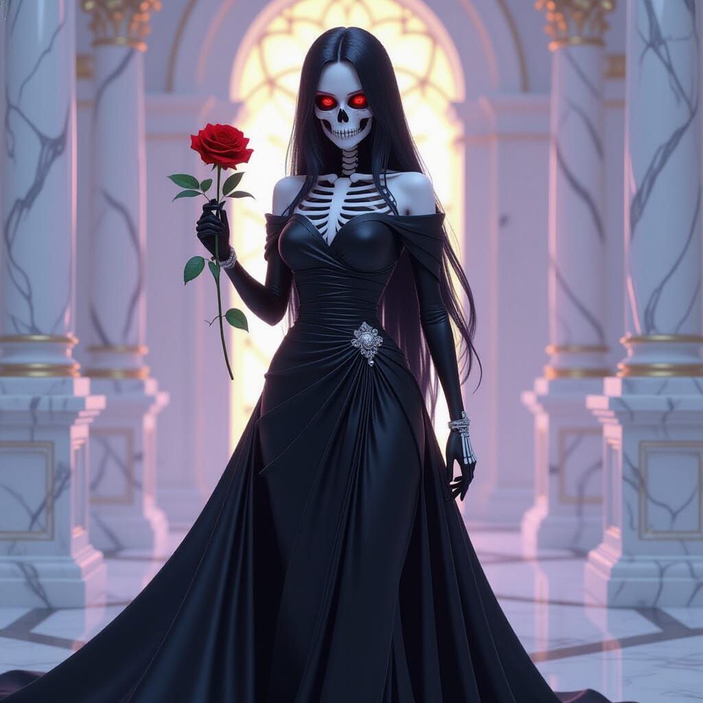 Skeletal Woman with Rose in Opulent Room
