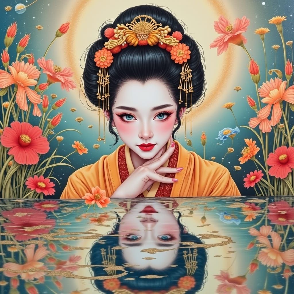 Geisha Portrait with Mirrored Reflection in Dark Fantasy Sty...