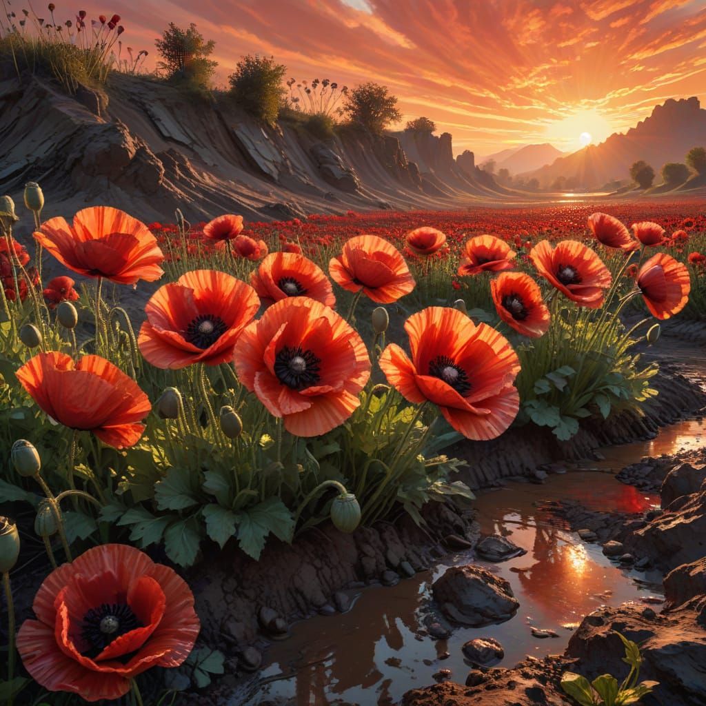 Poppies in Muddy Battlefield at Sunset Impasto Painting