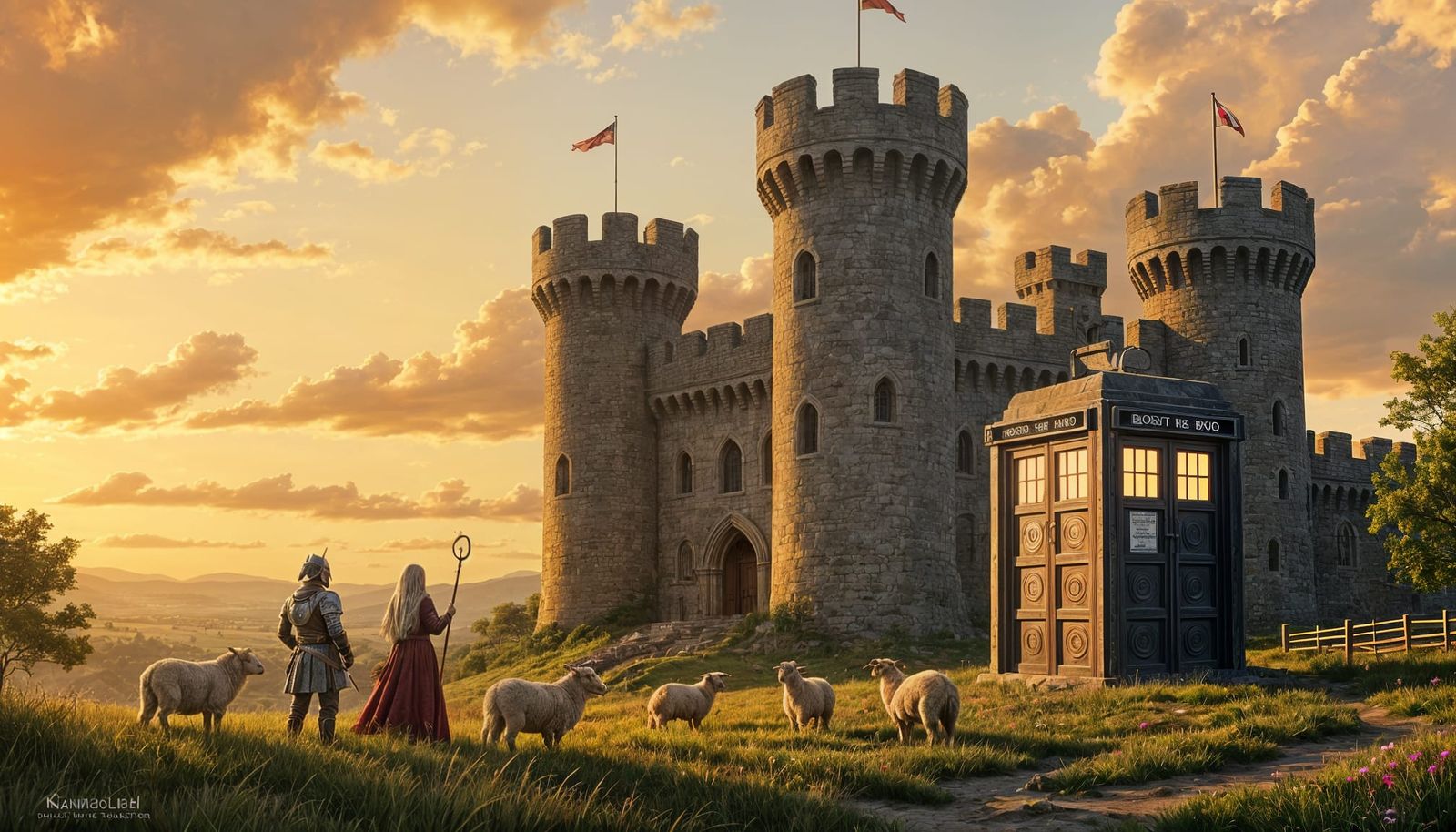 Medieval Castle Scene with TARDIS in Splash Art Style
