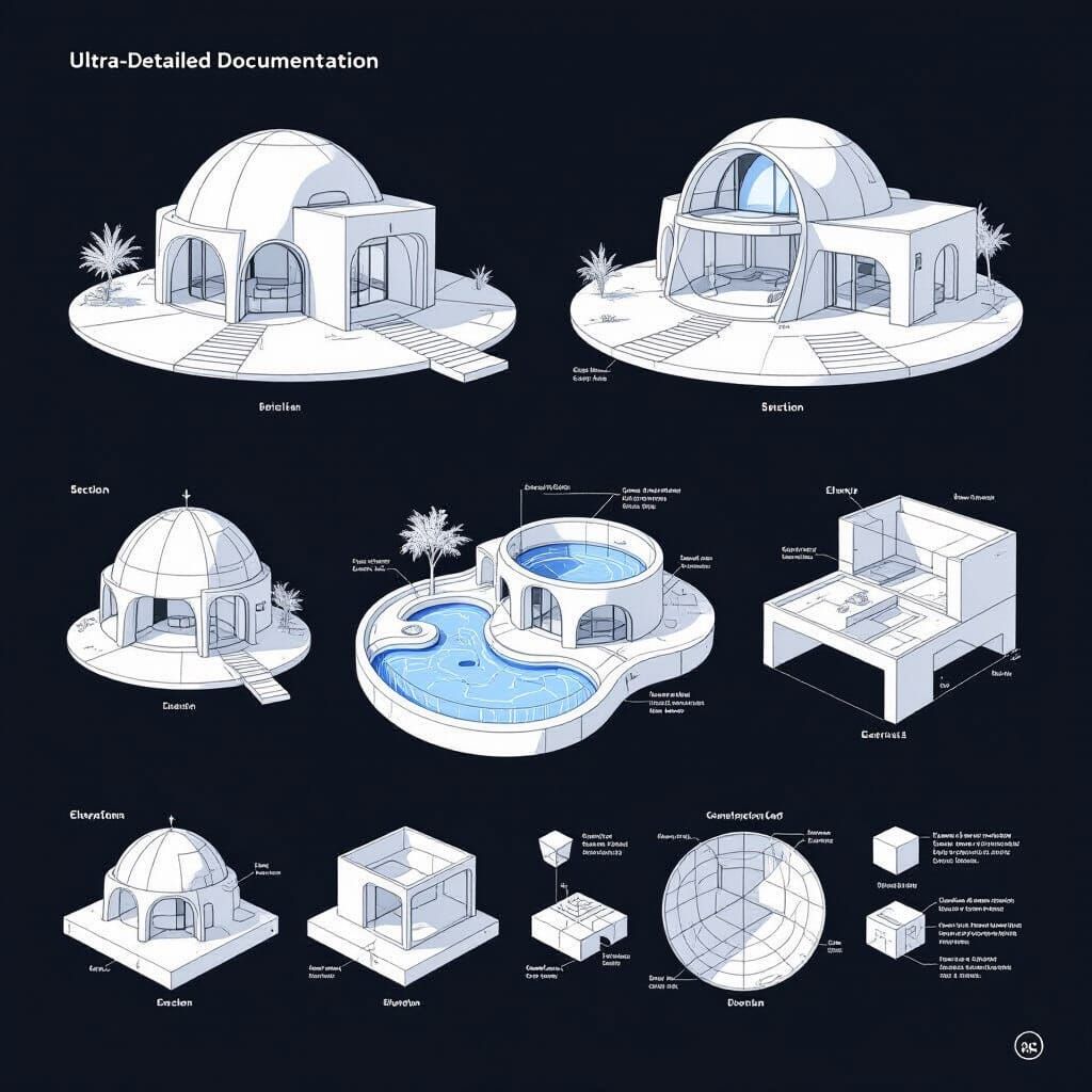 SuperAdobe Eco-Home Plans with Biopool, Technical Drawing St...