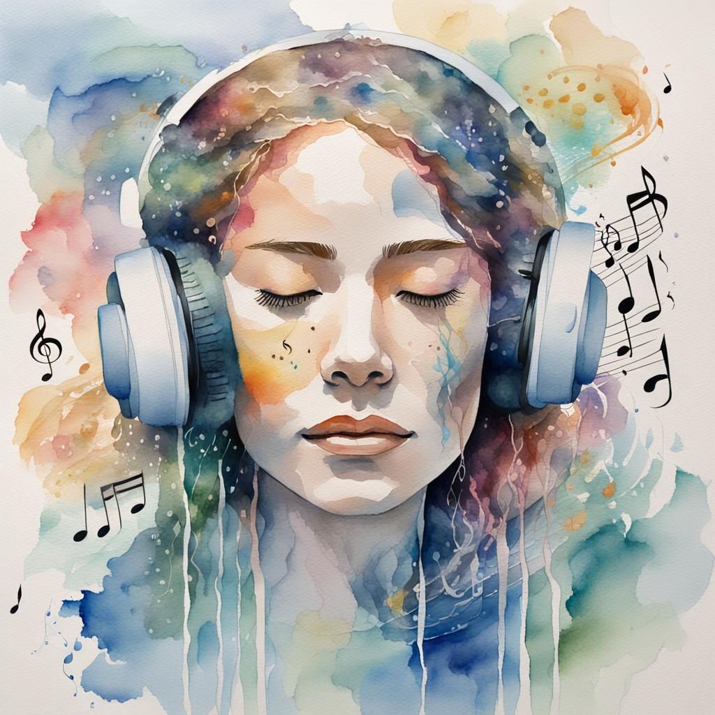 Ethereal Watercolor Portrait of Woman with Music Notes