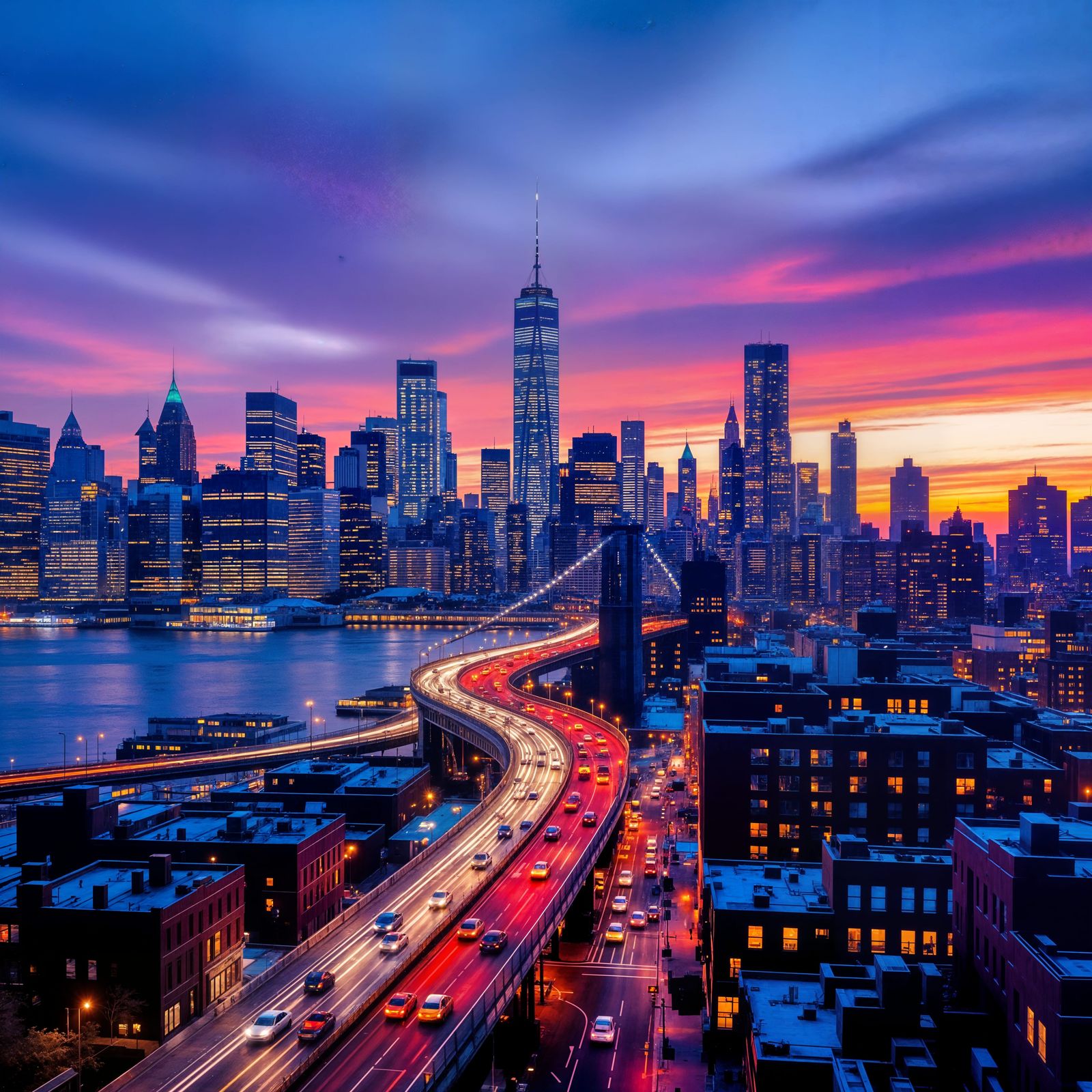 Twilight Cityscape with Vibrant Reflections