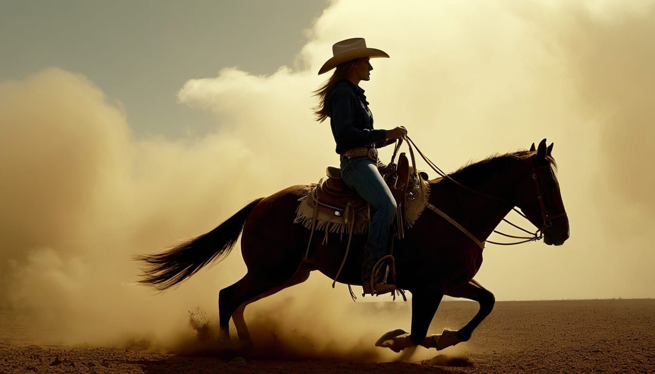 Rodeo Cowgirl on Horse in Cinematic Style