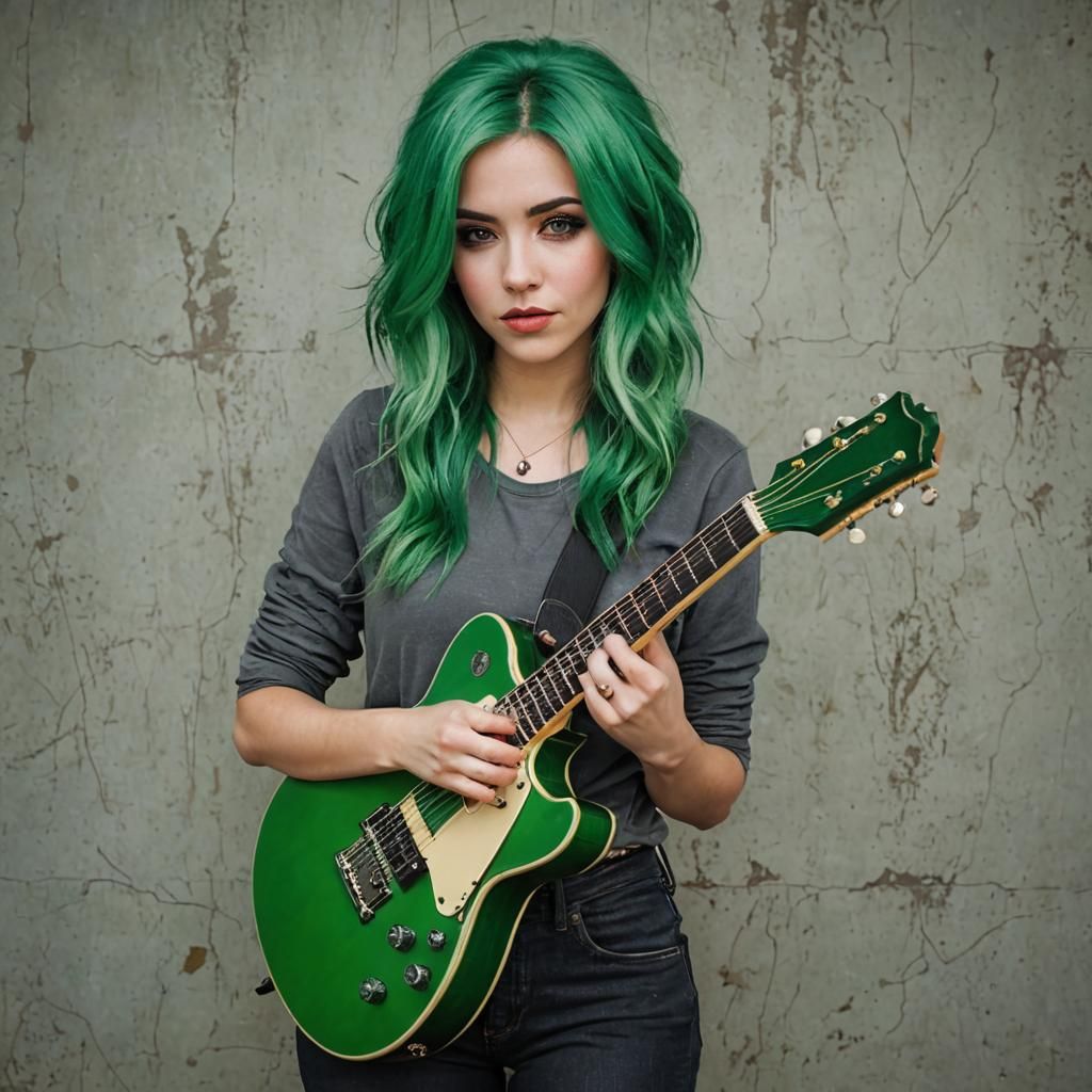 Woman with Green Hair and Guitar Portrait