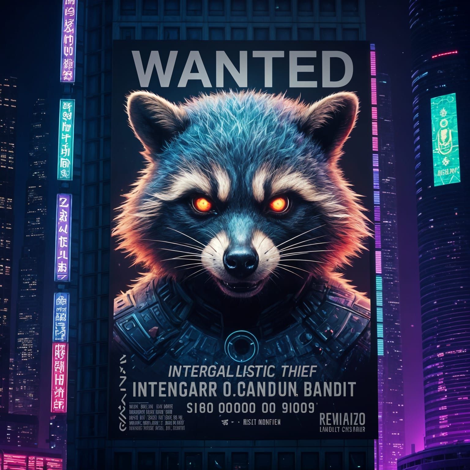 Wanted: Raccoon-Cyborg Bandit in Neon Cyberpunk City