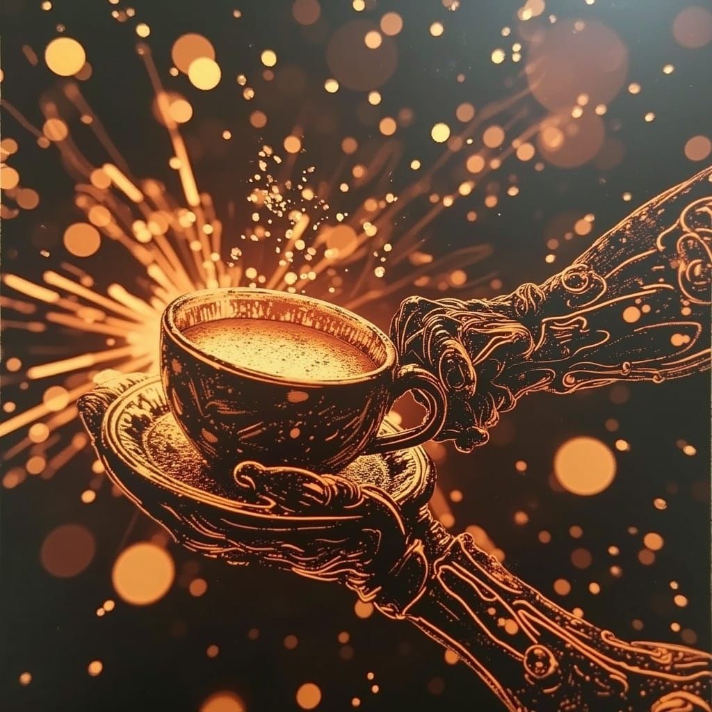 Excavator Arm Cradles Coffee Cup with Sparks