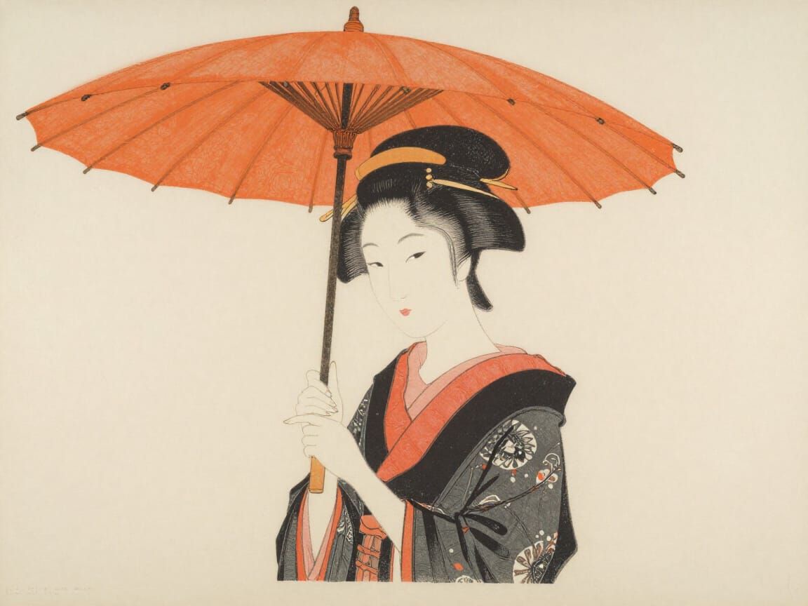 Geisha with Orange Umbrella in Expressive Linoprint Style