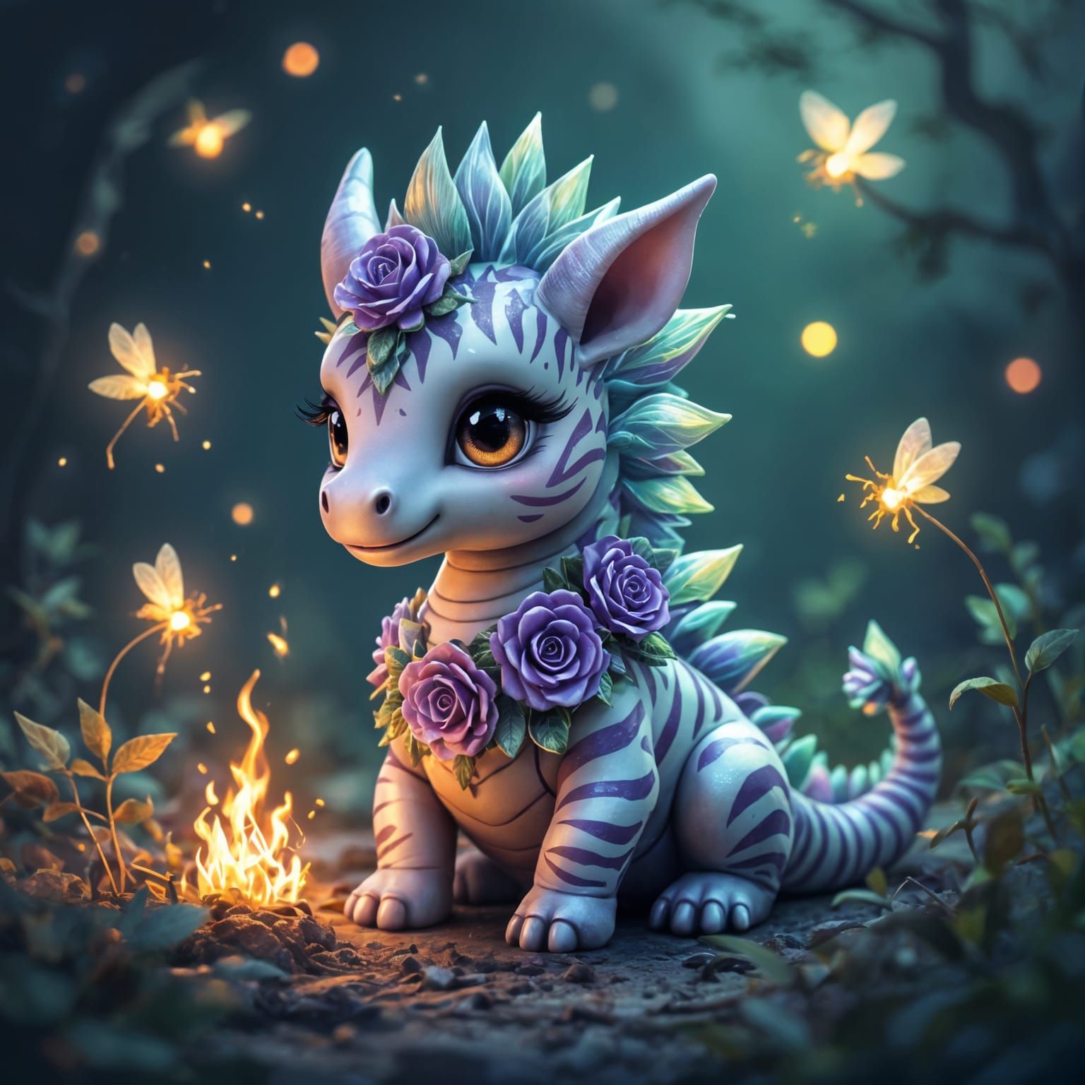 Surreal Dragon-Zebra Figurine with Fireflies