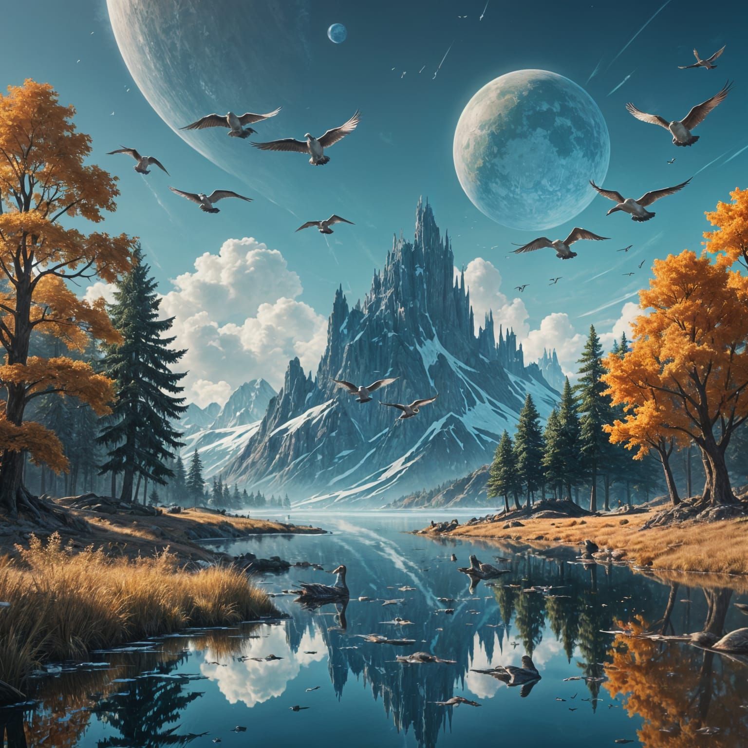 Surreal Geese Land in Vibrant Watercolor Dreamscapes