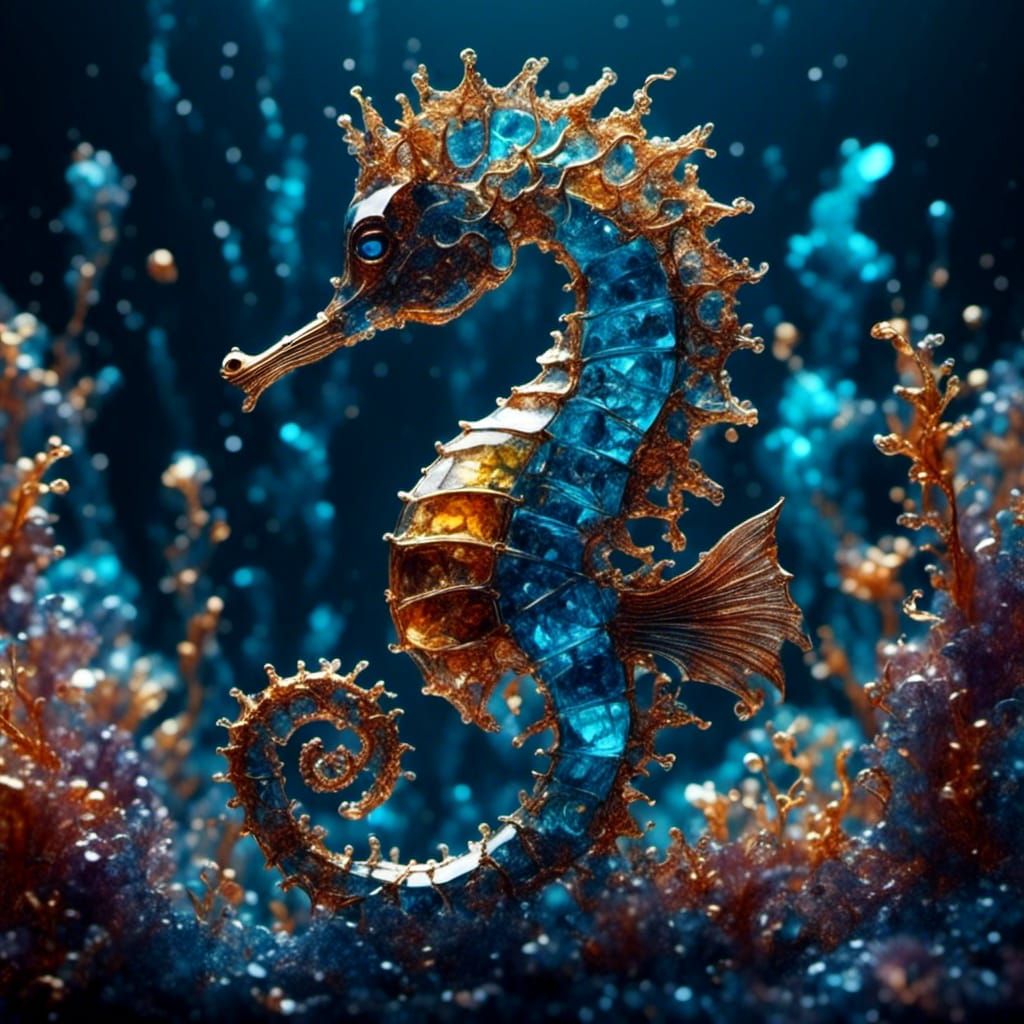 Glowing Kitten Seahorse Hybrid in Liquid Darkness