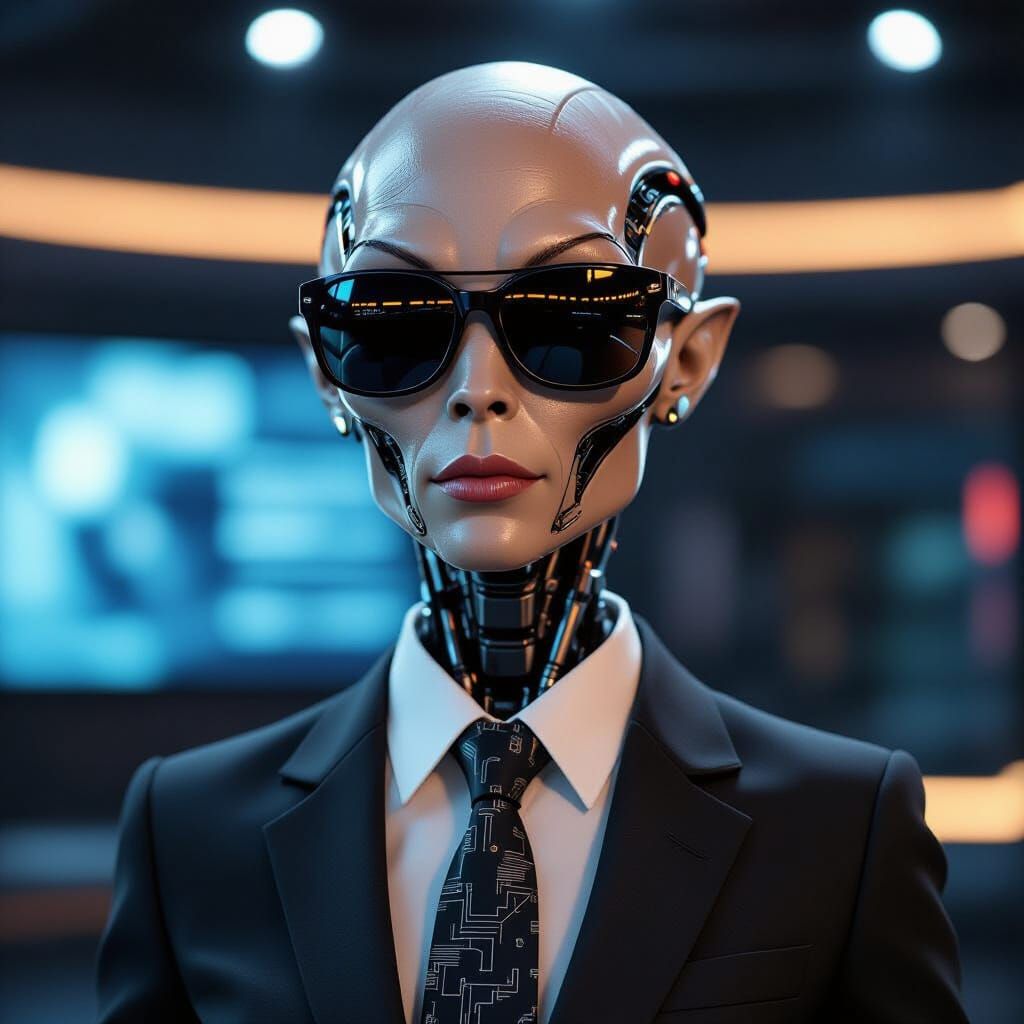 Alien-Android News Anchor with Sunglasses