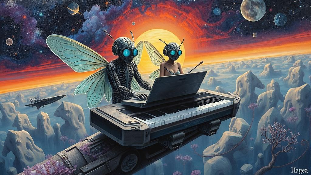 Ethereal Figures in Surrealist Sunset Galaxy Art