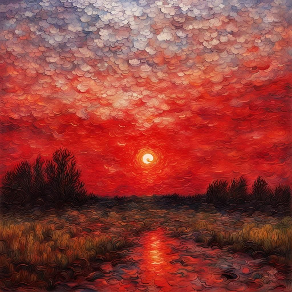 Red Night Sky through Cracked Glass: Van Gogh Style