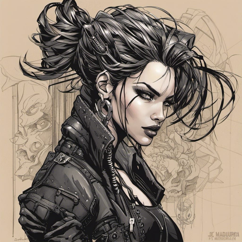 Cyberpunk Assassin: Ink Drawing of a Rogue Supermodel