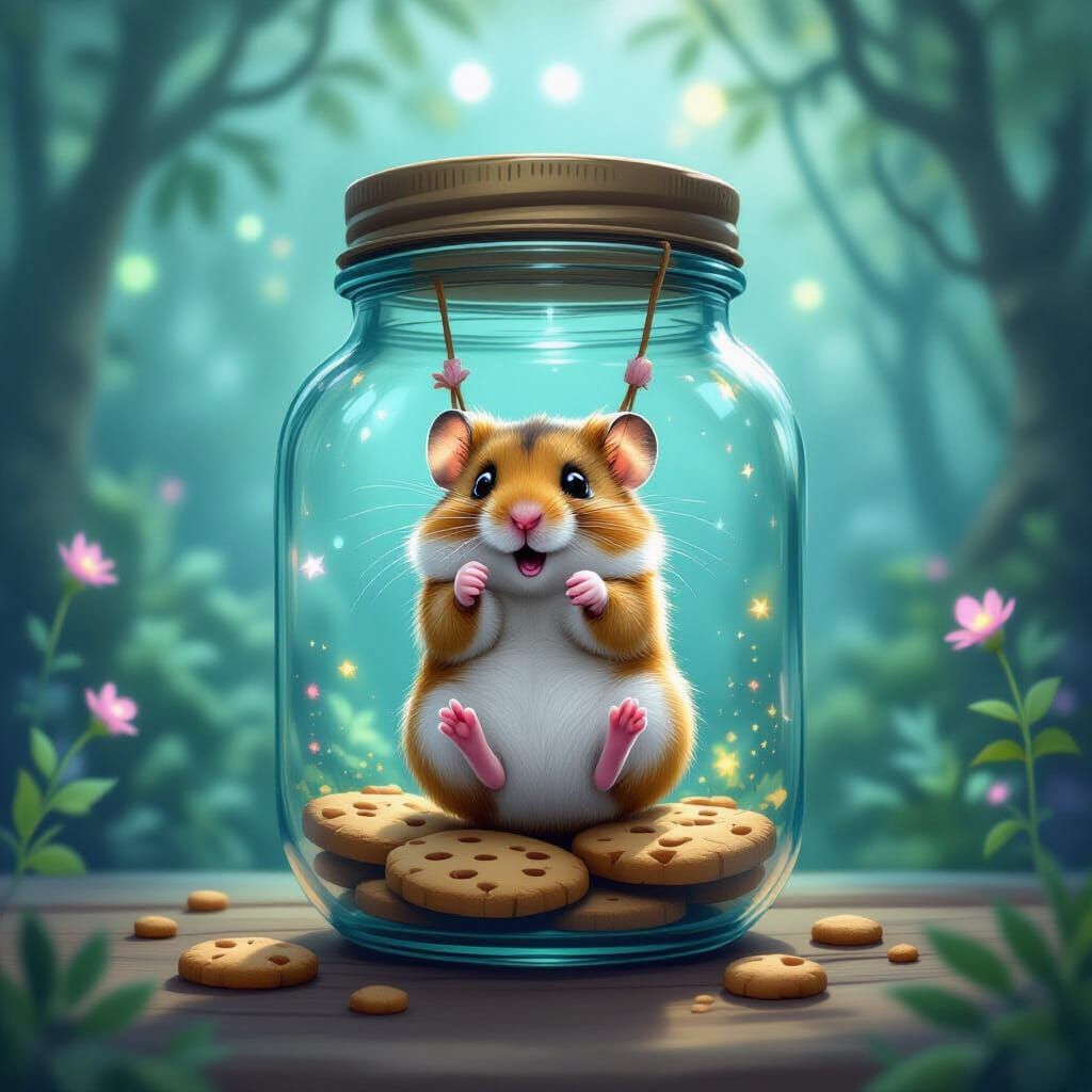 Surreal Hamster Reaches for Cookie in Fairy Forest