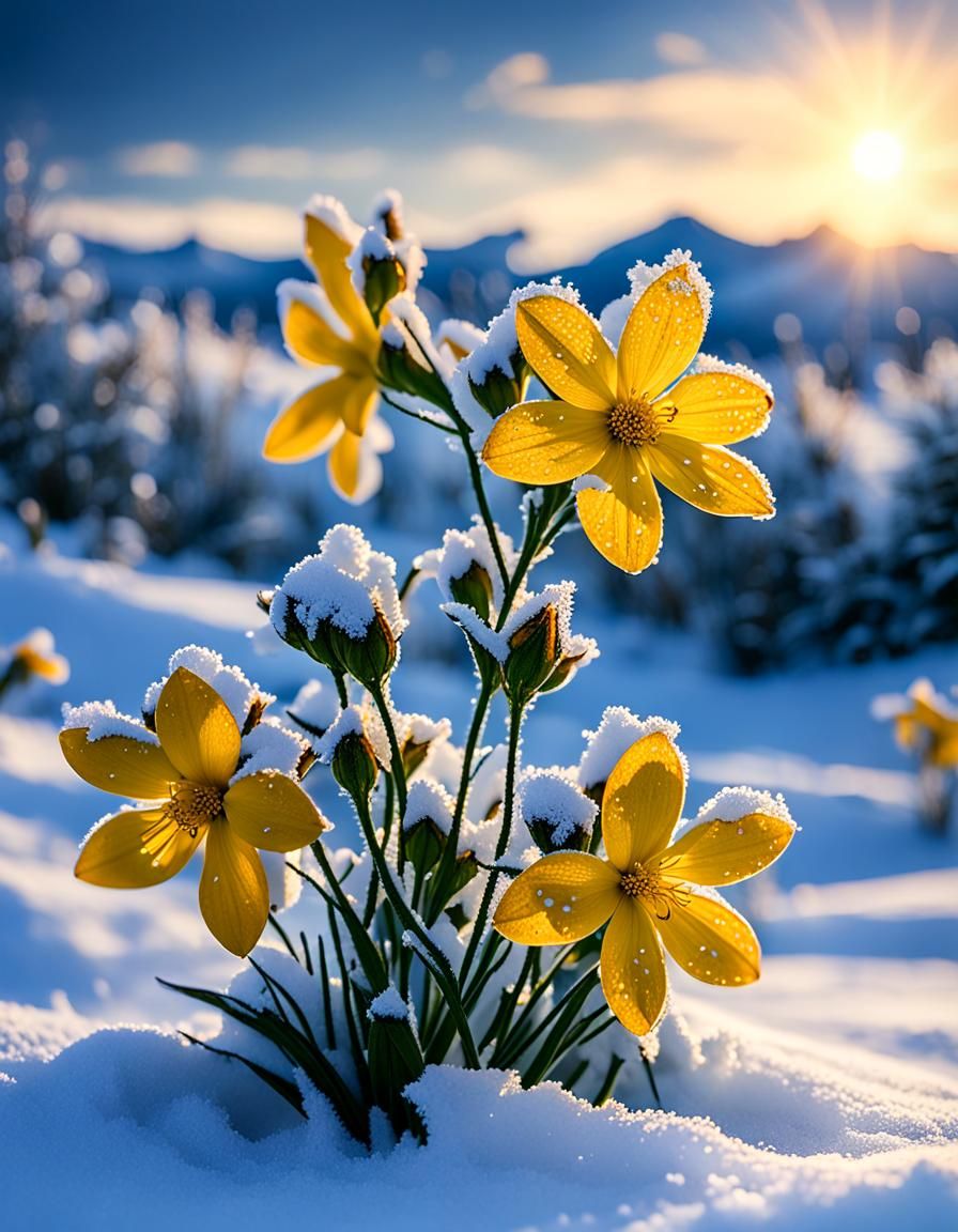 Snow Yellow Flowers in Sunset Macro Photography