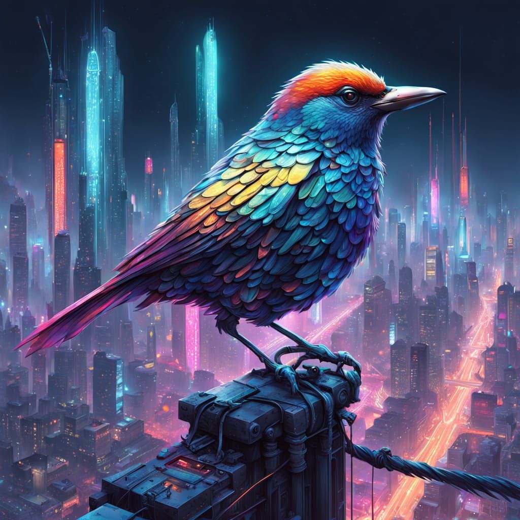 Holographic Bird of Code Above Cyberpunk City