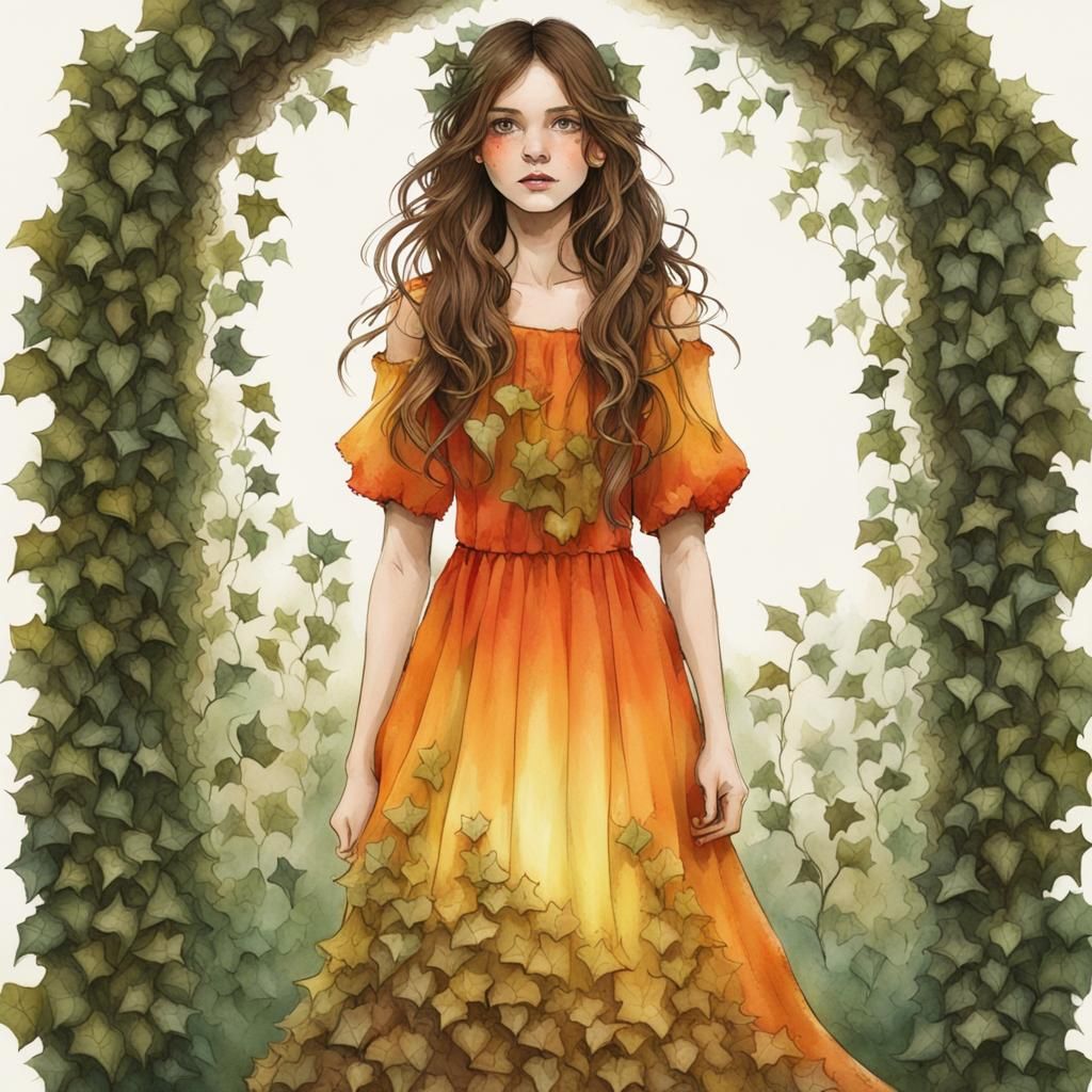 Plant Woman in Whimsical Ombre Dress with Ivy