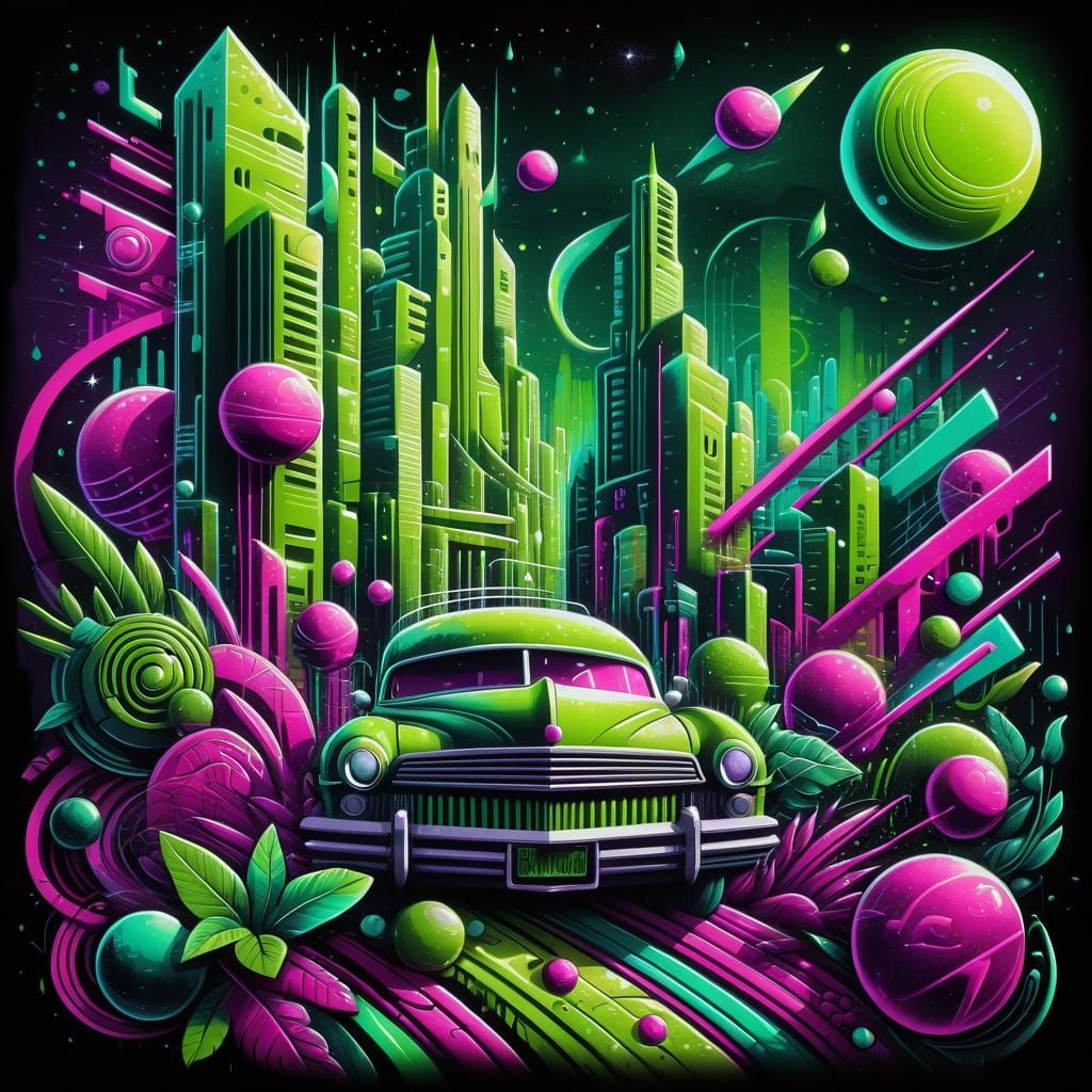 Vibrant Graffiti Mural With Cosmic Bauhaus Style