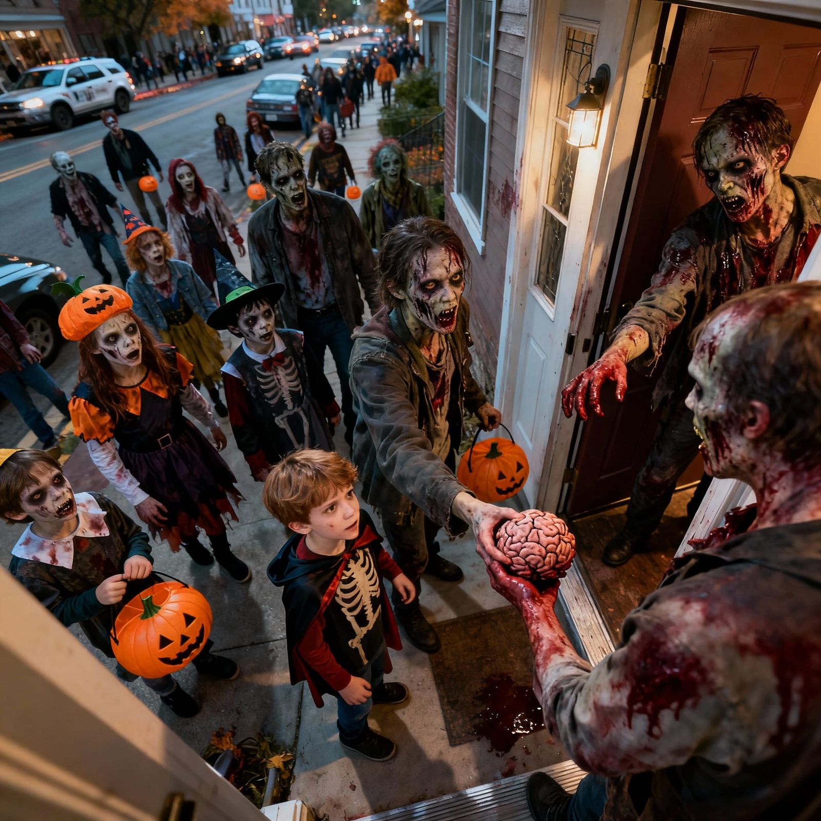 Zombies Hand Out Brains to Trick-or-Treaters in Horror Film ...