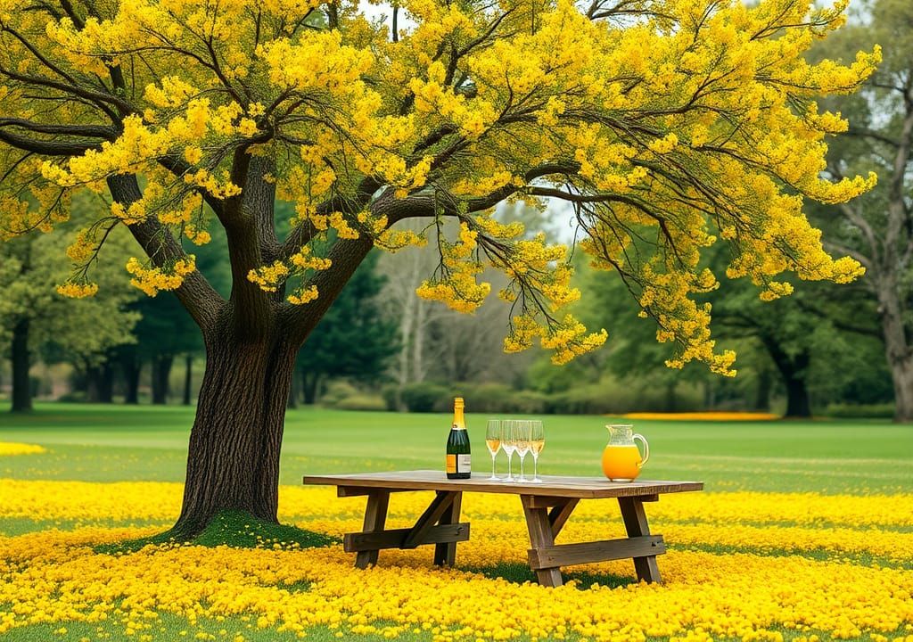 Mimosa Tree in Bloom: Impressionistic Park Scene