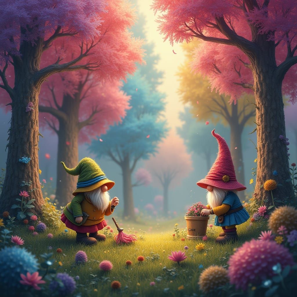 Whimsical Gnomes Amidst Enchanted Rainbow Forest
