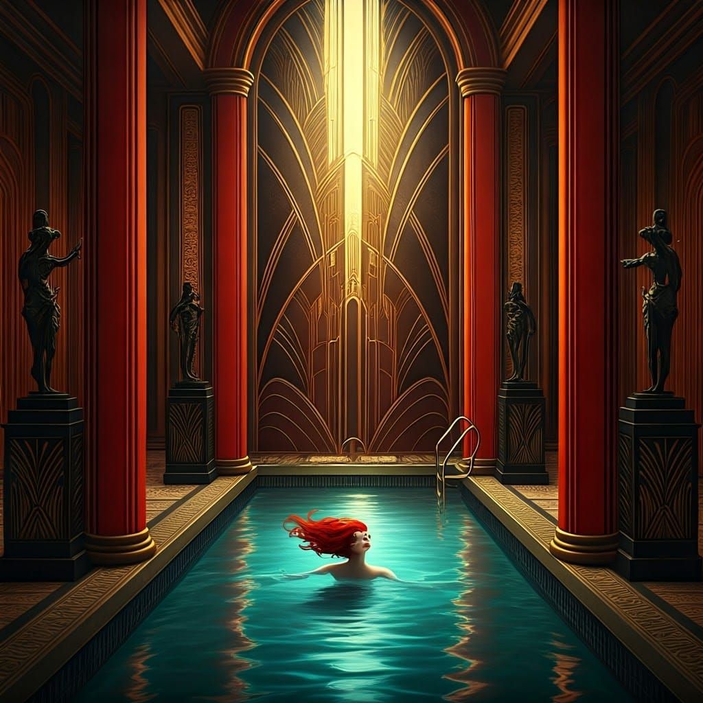 Art Deco Hall with Red Columns and Swimming Woman