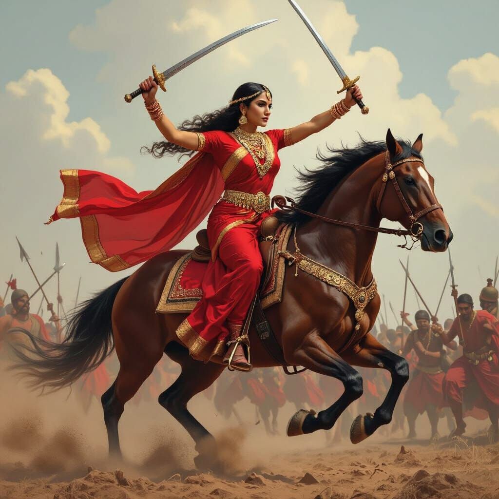 Indian Lady Warrior on Horseback in Art Nouveau Style