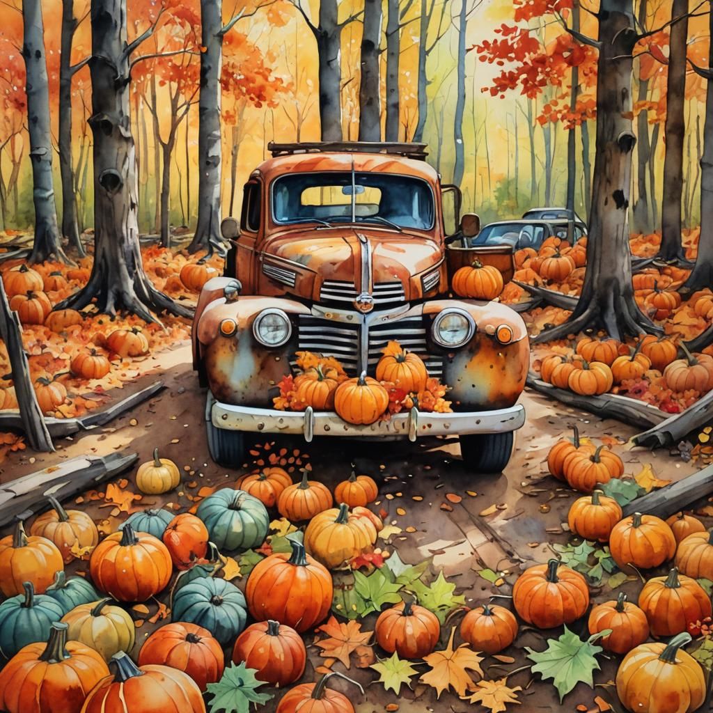 Autumnal Ford Pickup Truck in Watercolor Gouache Style