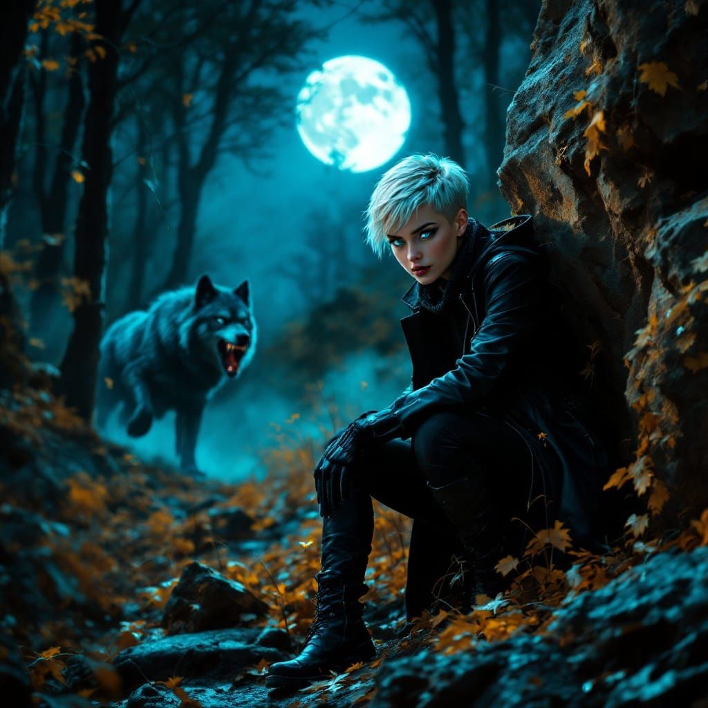 Edgy Woman Hiding from Werewolf in Moonlit Forest
