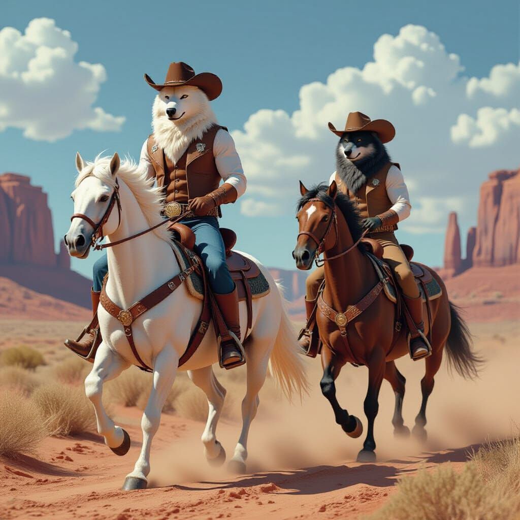Cowboy Wolves Ride Through Desert Landscape