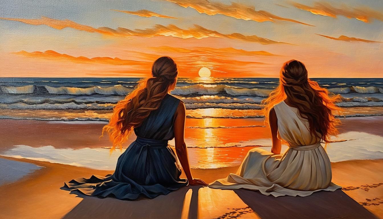 Sunset Beach: Affectionate Moment in Oil Painting