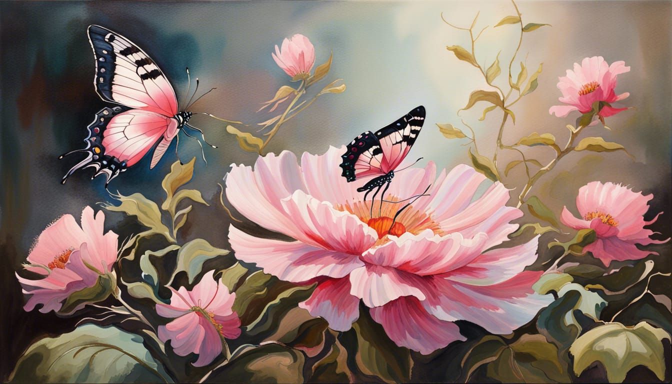Butterflies Soaring to Pink Flower: Gouache Style