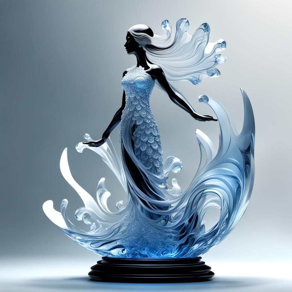 Crystal Maiden Emerges from the Waves: 3D Sculpture