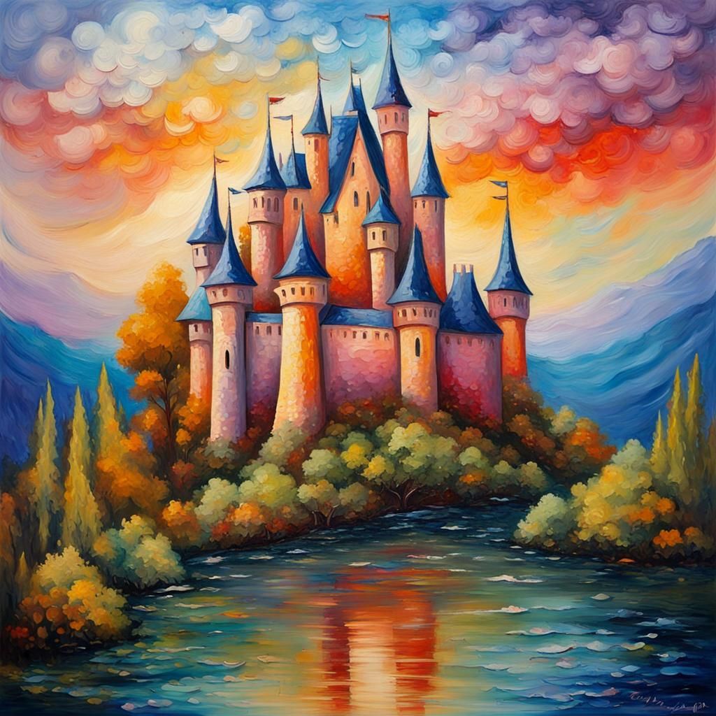 Whimsical Fairytale Castle: A Neo-Impressionistic Watercolor