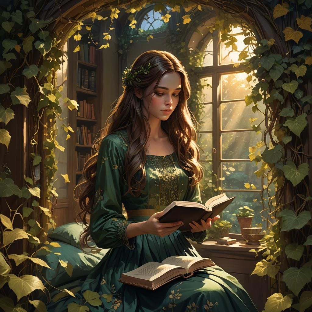 Girl Reading Book in Vine-Covered Bedroom