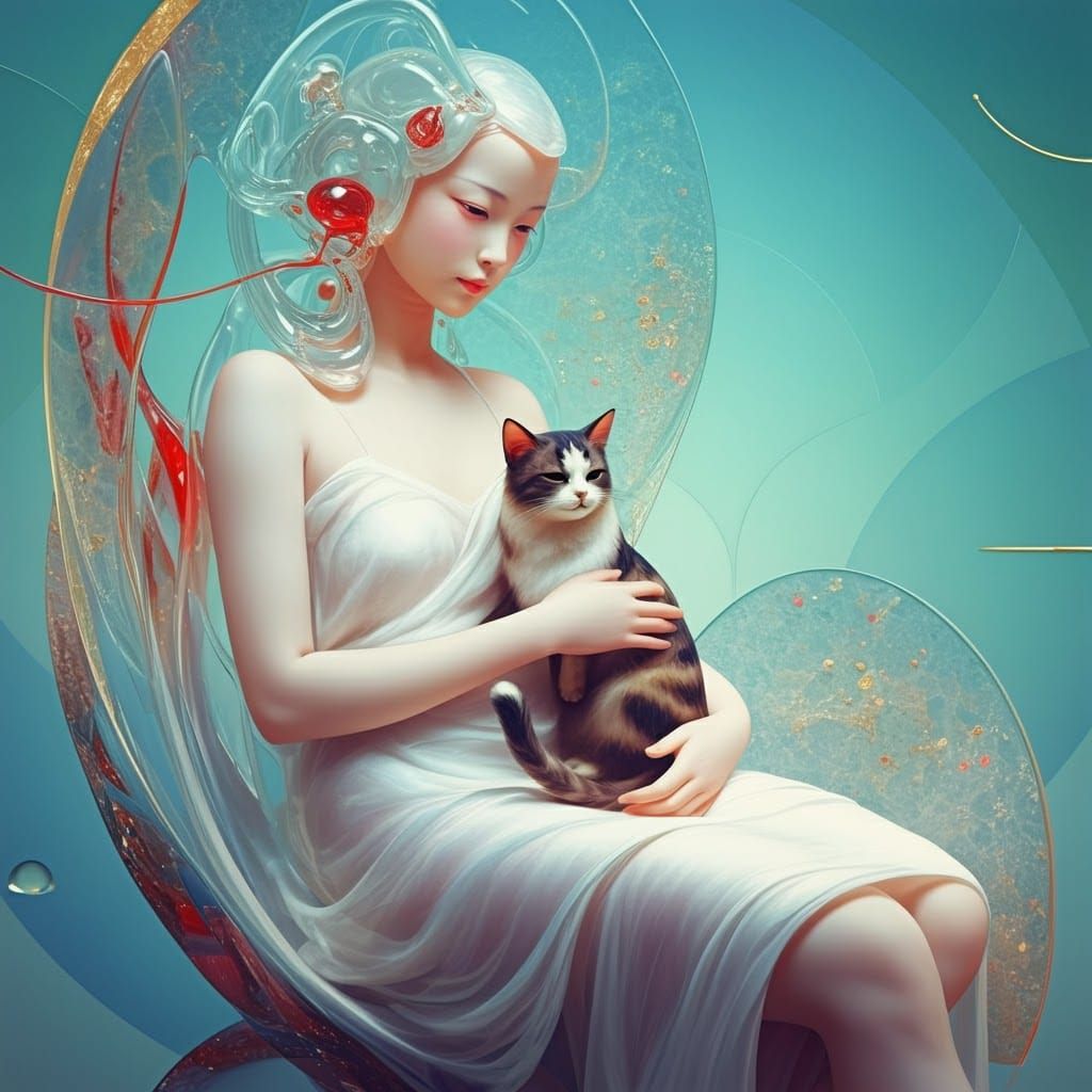 Woman with Cat on Sunlounger in Anime Style