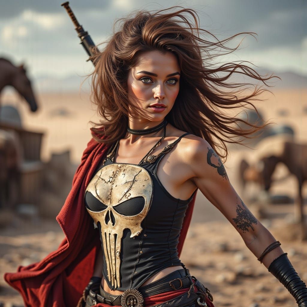 Victorious Female Punisher Standing in the Desert