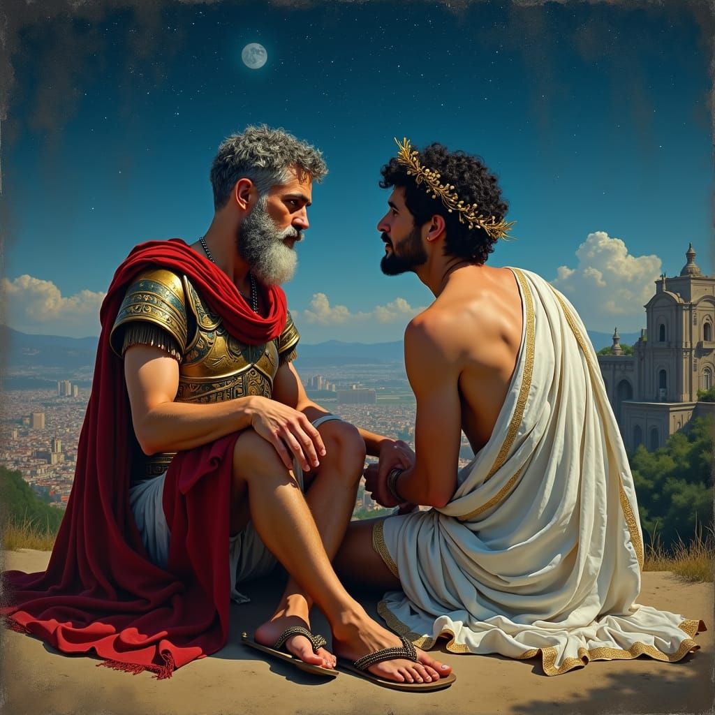 Roman Men Stargazing in Impressionist Style