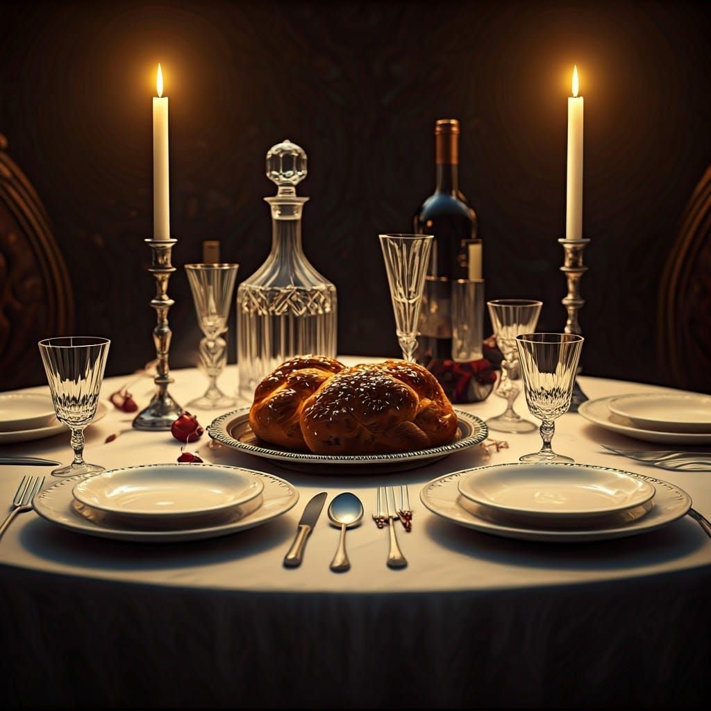 Shabbat Table with Challahs in Matte Painting Style