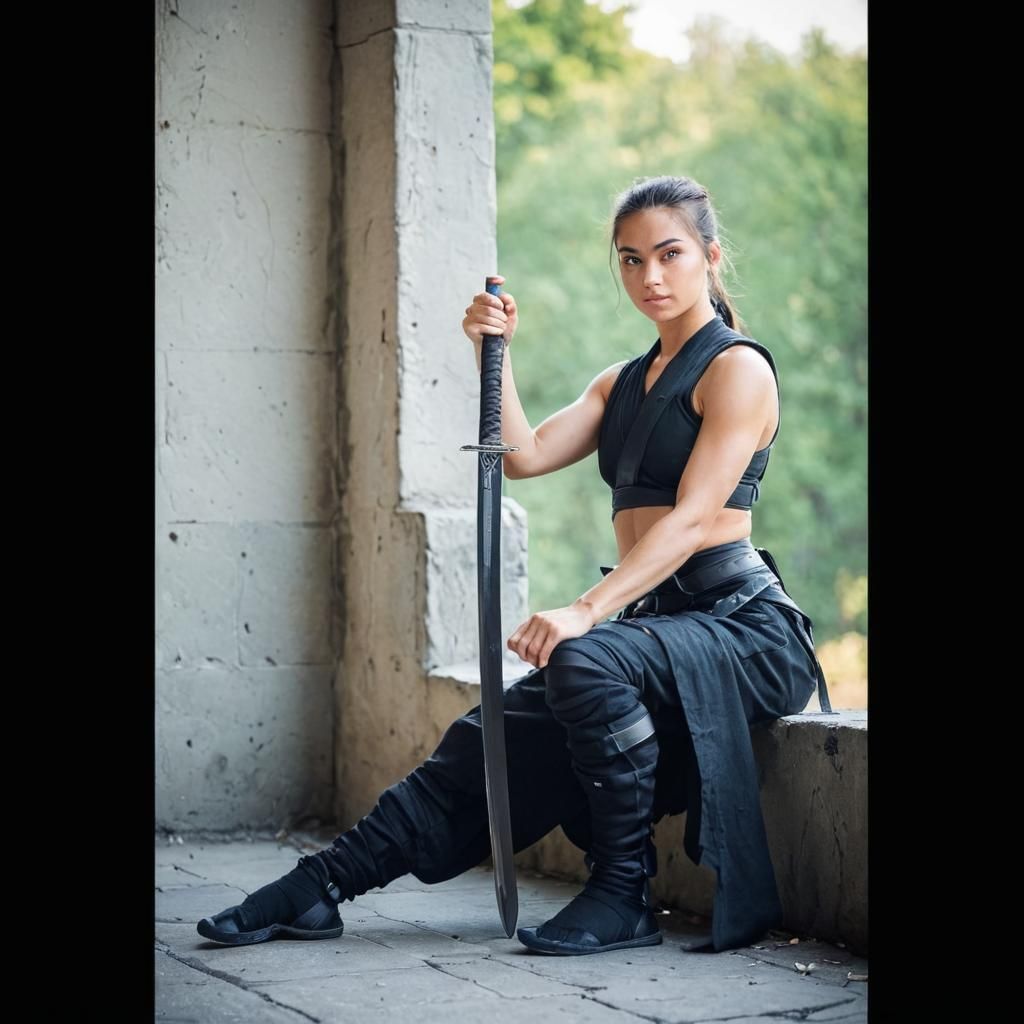 Ninja Girl Resting with Sword: Black and White Sketch