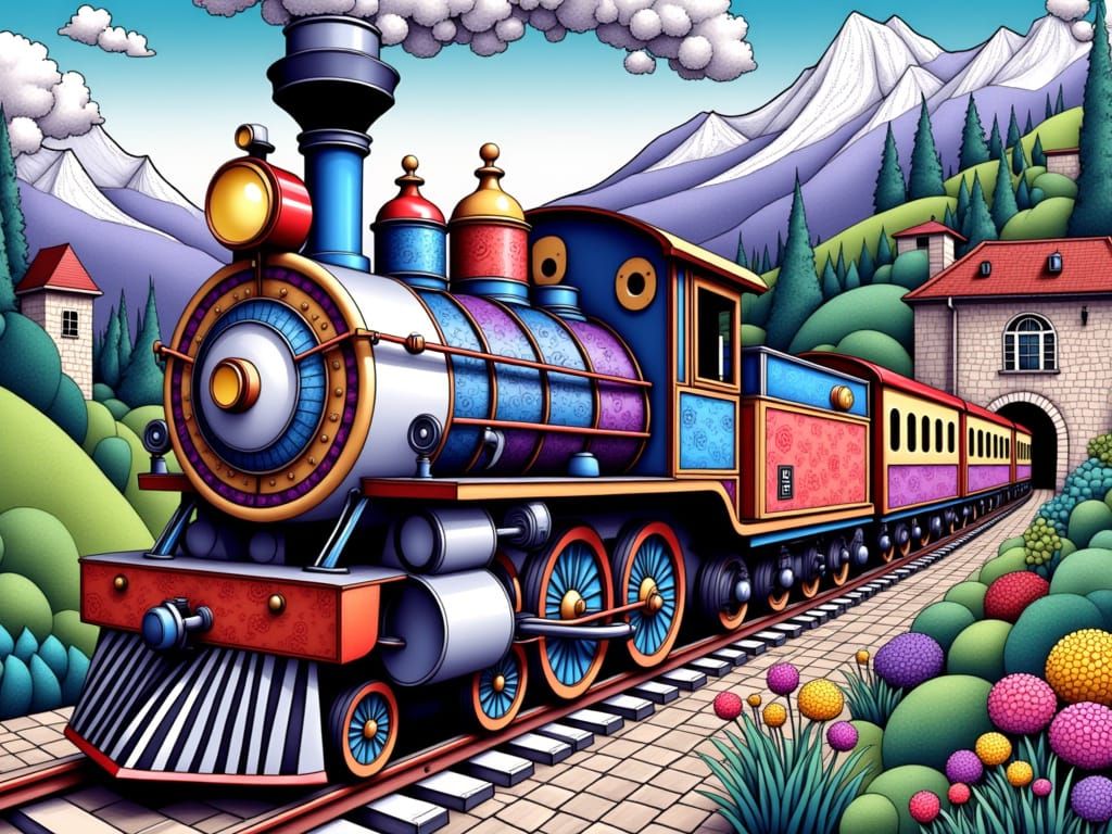 Surreal Fantasy Locomotive Unfolds in Whimsical Zentangle St...