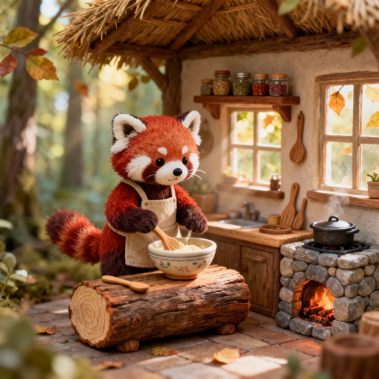 Red Panda Baking Pastries in Whimsical Forest Kitchen